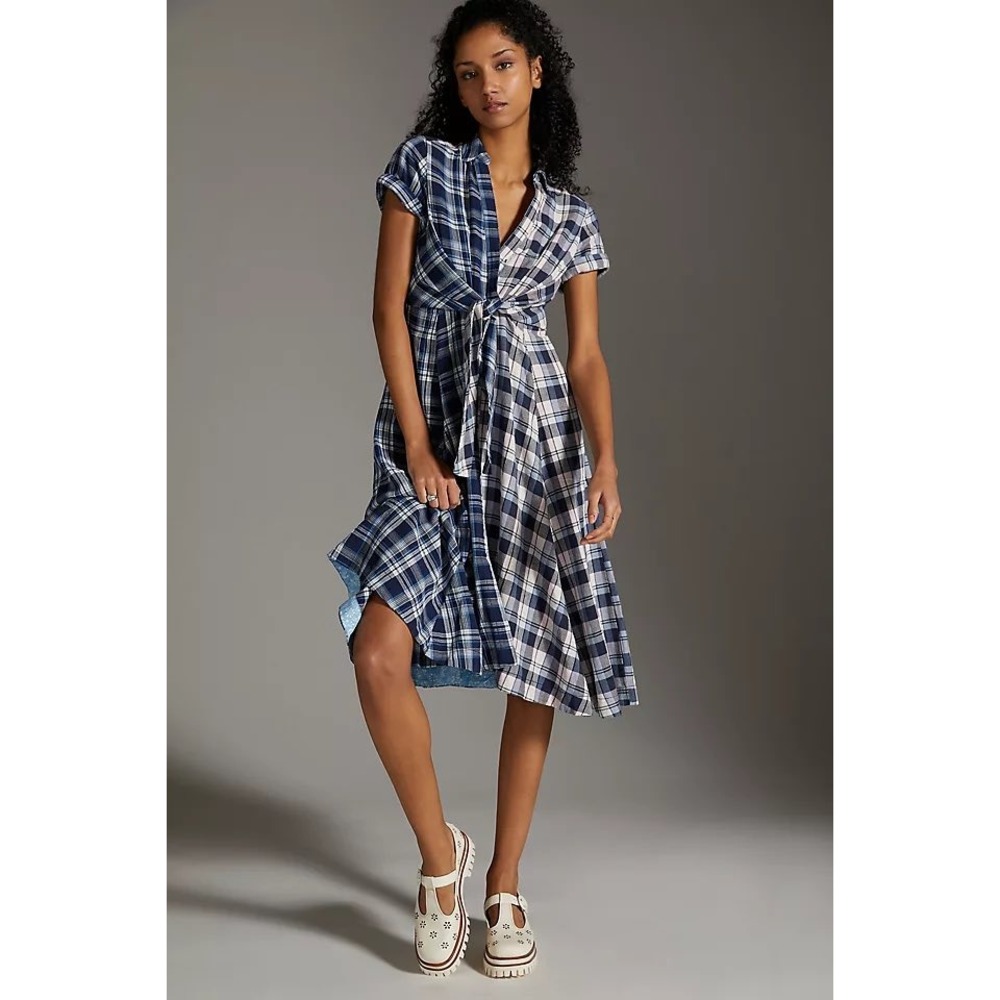 Pilcro Anthropologie Plaid Twist Front Midi Shirt Dress Size S